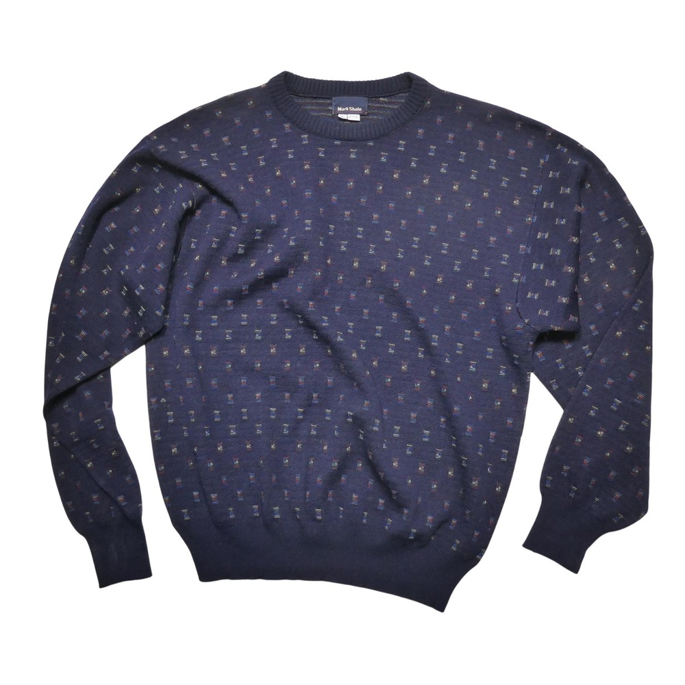 Vintage‎ Mark Shale Sweater Mens L Blue 100% Wool Geometric Crewneck Pullover
